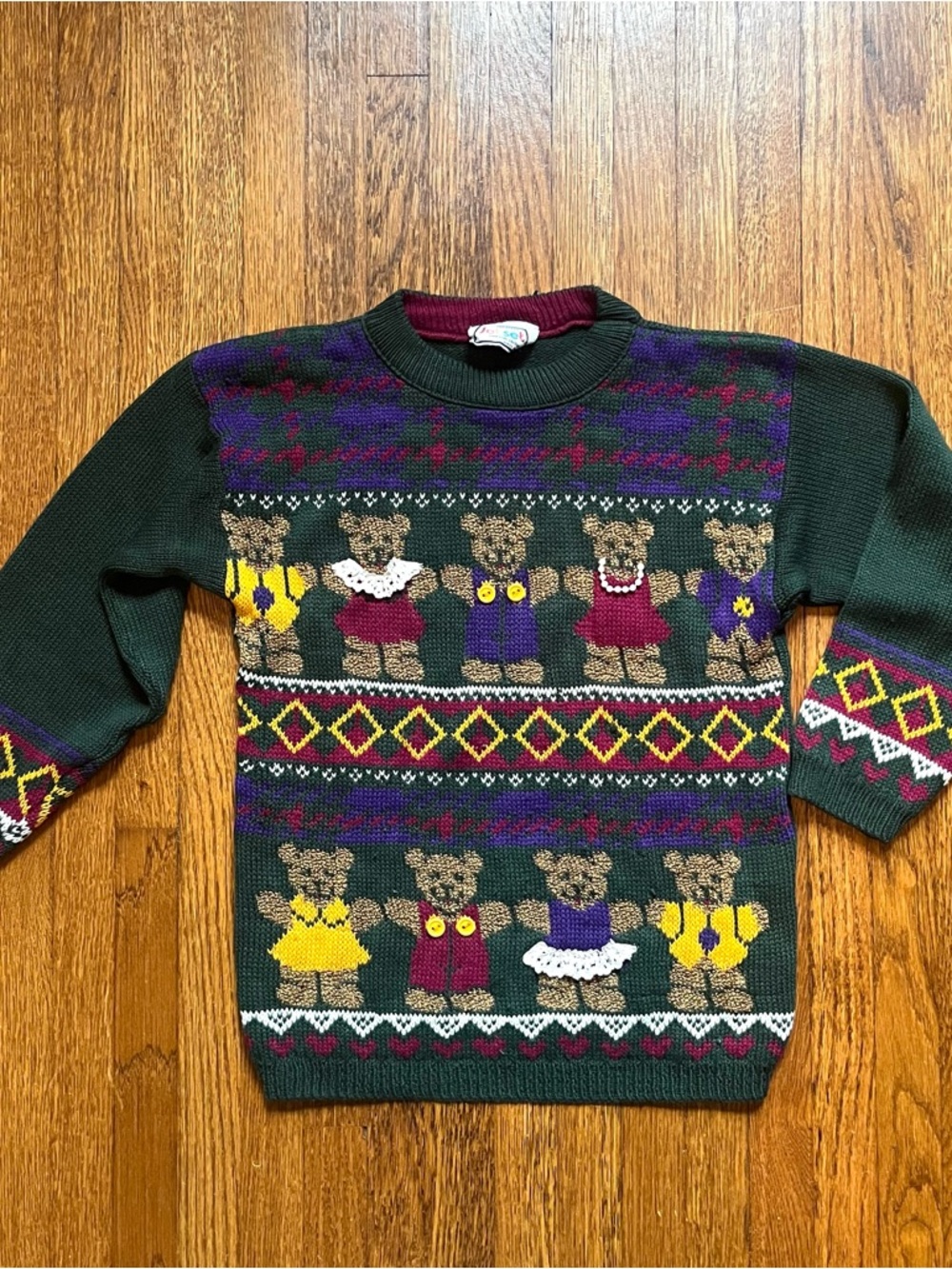 Vtg 80s Jet Set kids sweater girls 5 granny Teddy bears 3d 90s green